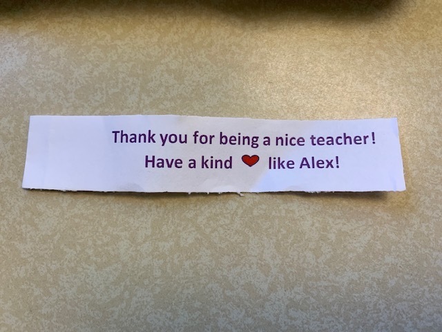 Message with flower: Thank you for being a nice teacher! Have a kind heart like Alex